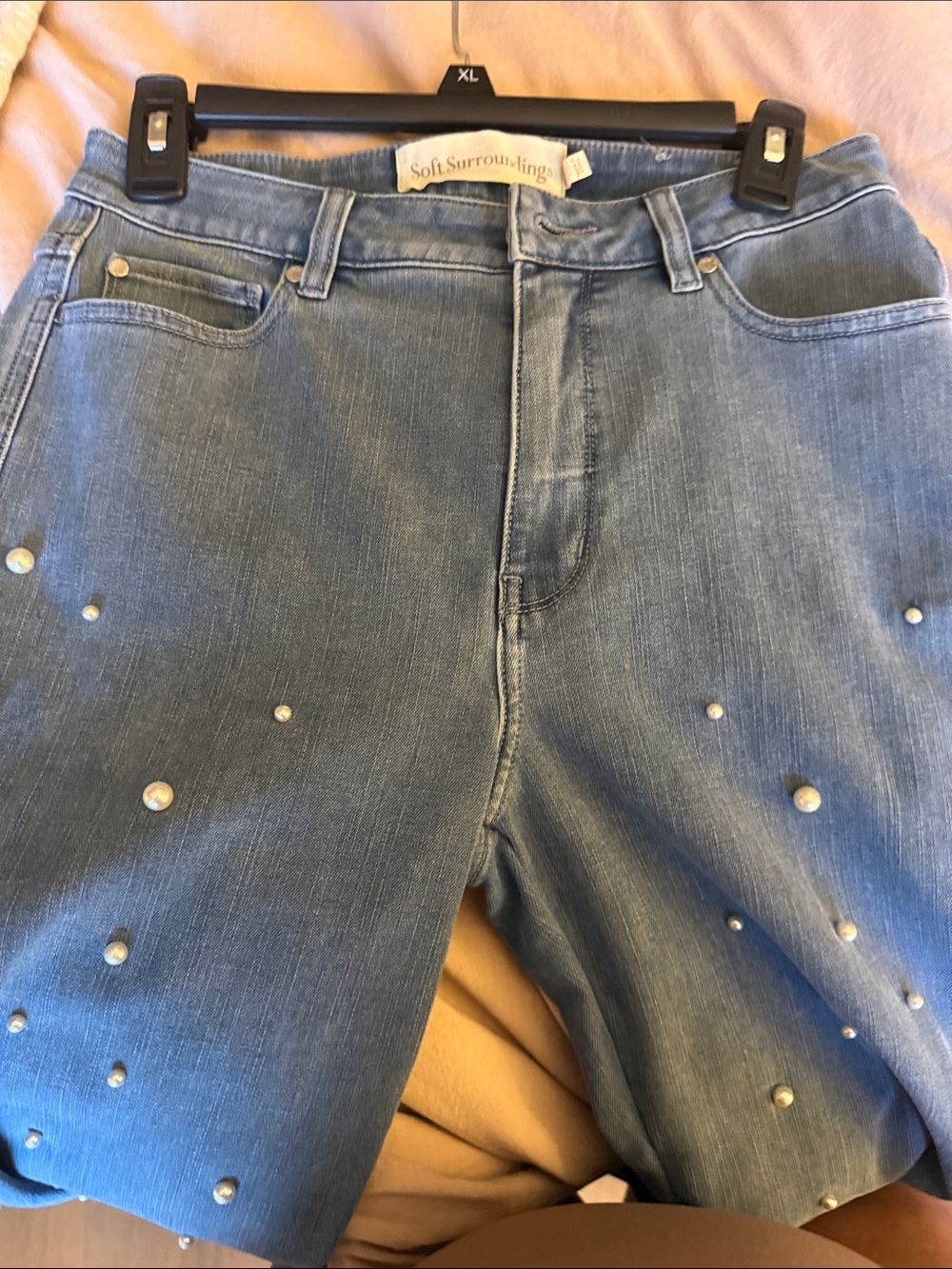 Soft Surroundings Blue Pearl-Embellished Straight-Leg Jeans - Picture 7 of 9